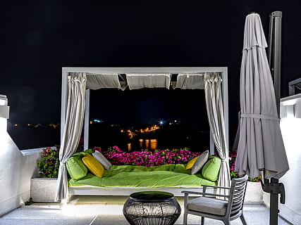 Gray and Green Canopy Bed Near Garden, architecture, chair, design HD wallpaper