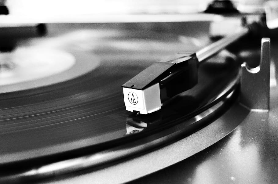 HD wallpaper: Vinyl Record On Vinyl Player, black and white, black-and