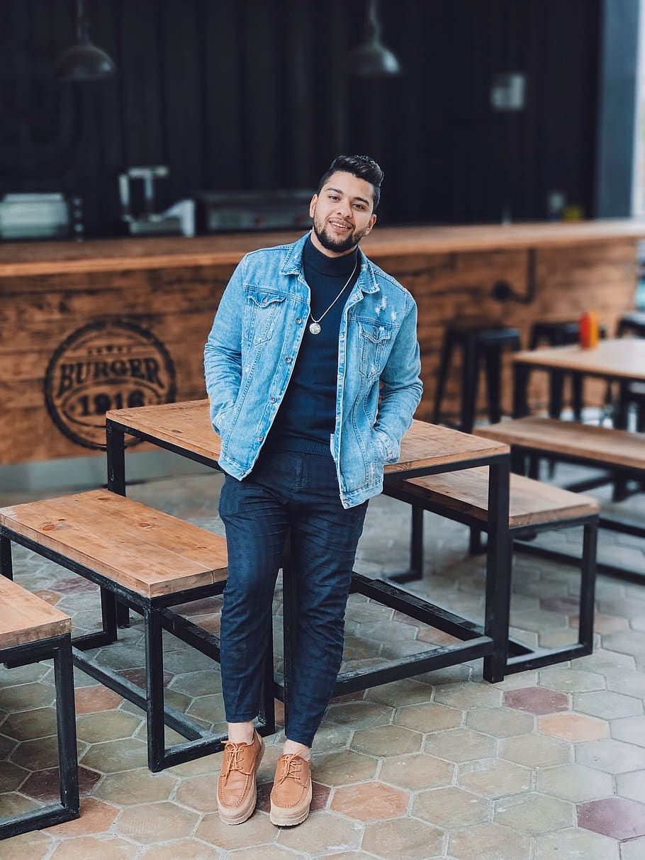 Men's Blue Denim Jacket, benches, casual, chairs, close-up, counter HD wallpaper