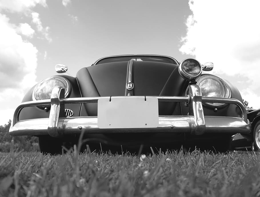 vw, beetle, bug, volkswagen, type 1, vintage, black and white, HD wallpaper