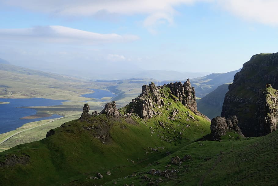 green, grass, highland, mountain, cliff, rock, sea, water, view HD wallpaper