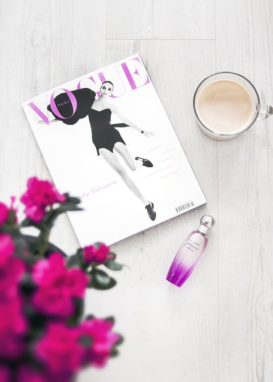 Vogue Magazine Beside Perfume Bottle, bright, coffee, color, cup HD wallpaper