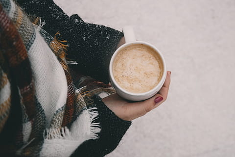 HD wallpaper: person holding mug of coffee near on coffee beans, hot