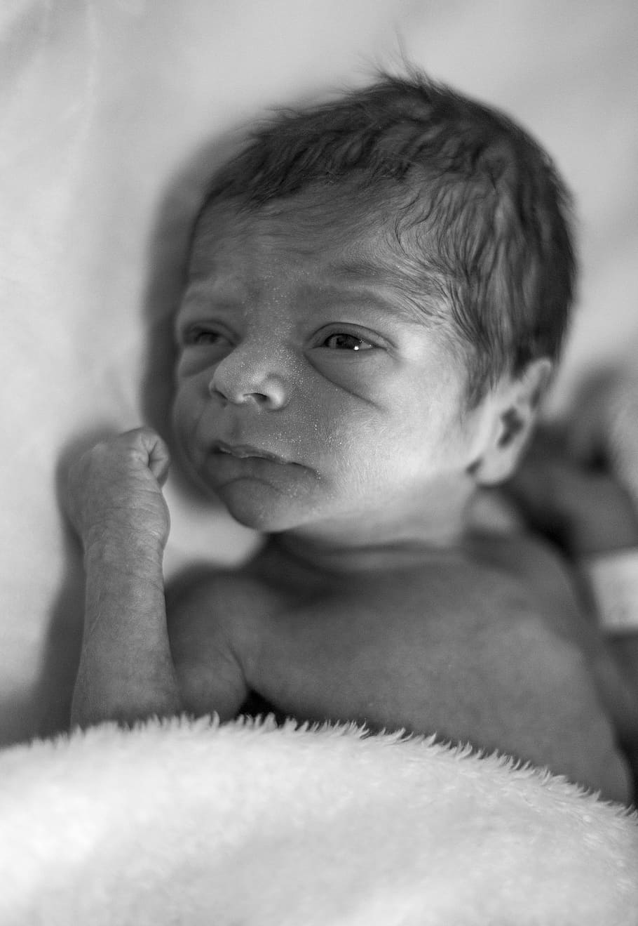 Grayscale Photo of Newborn Baby, black and white, child, face