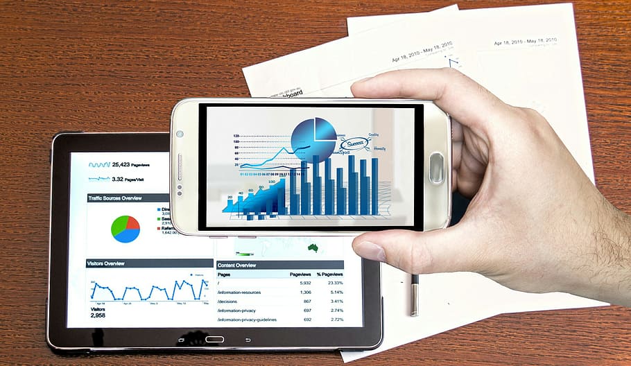 Photo illustration of hand holding mobile device displaying business charts and graphs. Analytics and performance.
