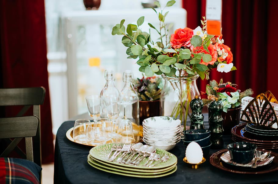 clear glassware set with utensils, plant, chair, furniture, flower HD wallpaper