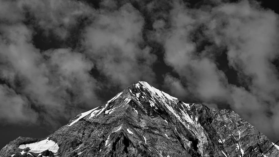 grayscale photo of mountain under cloudy sky, nature, outdoors, HD wallpaper
