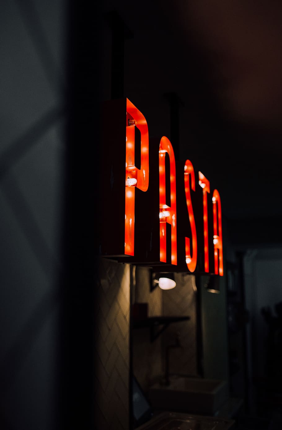 red Pasta light signage, illuminated, neon, communication, night HD wallpaper