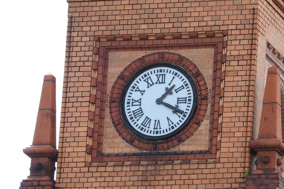 clock, red brick, tower, architecture, summer, history, historical HD wallpaper