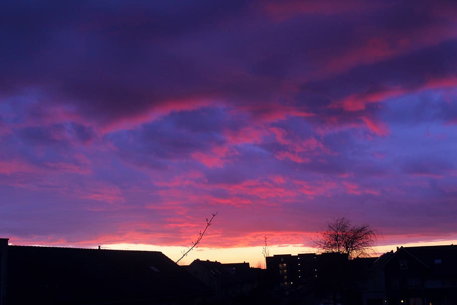 #sunset, #pink, #purple, #clouds, #sky, #silhouette, #buildings HD wallpaper