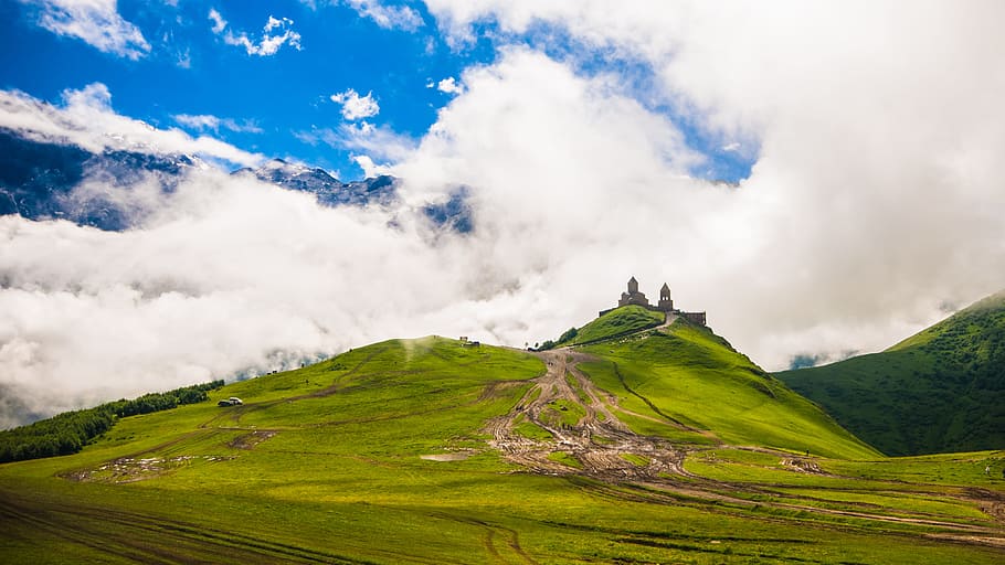 Green Mountain Under Clear Blue Sky, castle, clouds, countryside HD wallpaper