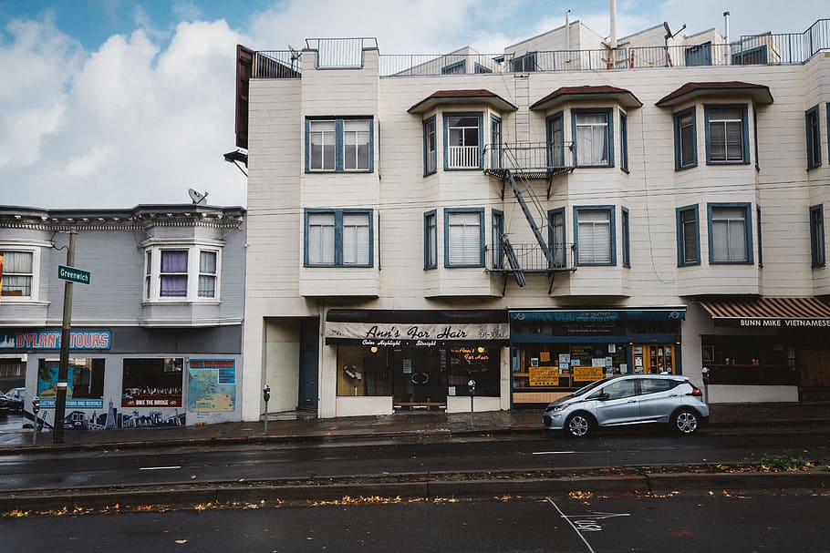 silver hatchback parked beside building, transportation, vehicle HD wallpaper