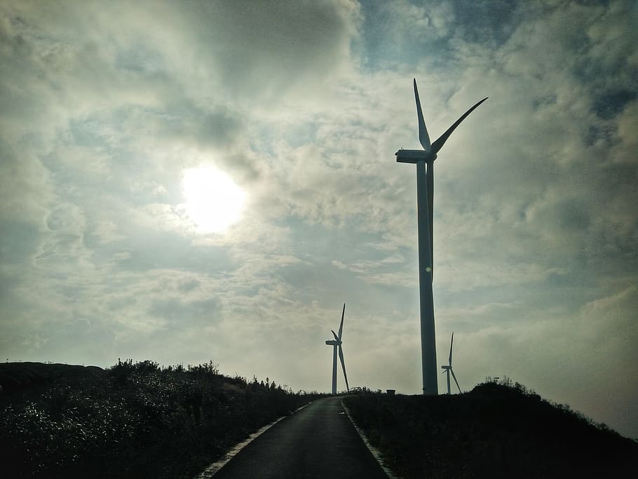 hillside, sky, wind turbine, renewable energy, alternative energy HD wallpaper