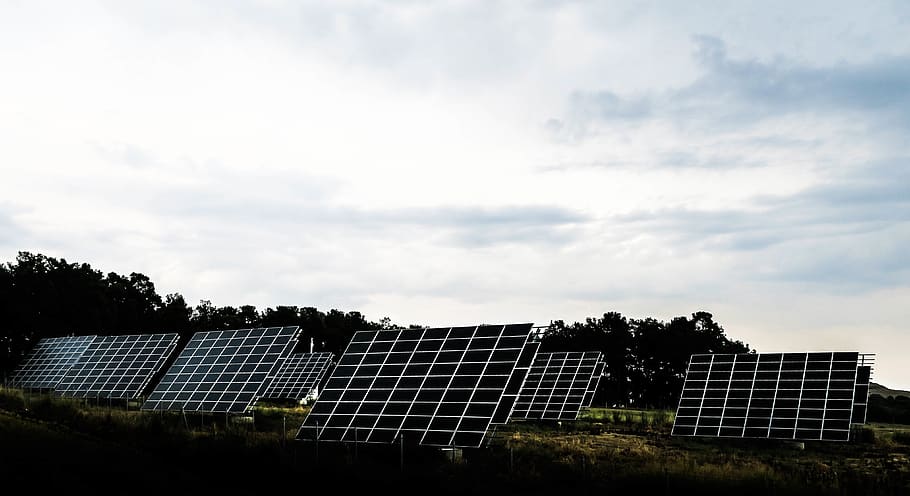 sky, clouds, trees, solar, energy, farm, solar panel, solar energy HD wallpaper