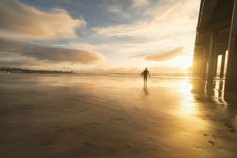 person walking under bridge, sky, cloud - sky, water, real people HD wallpaper