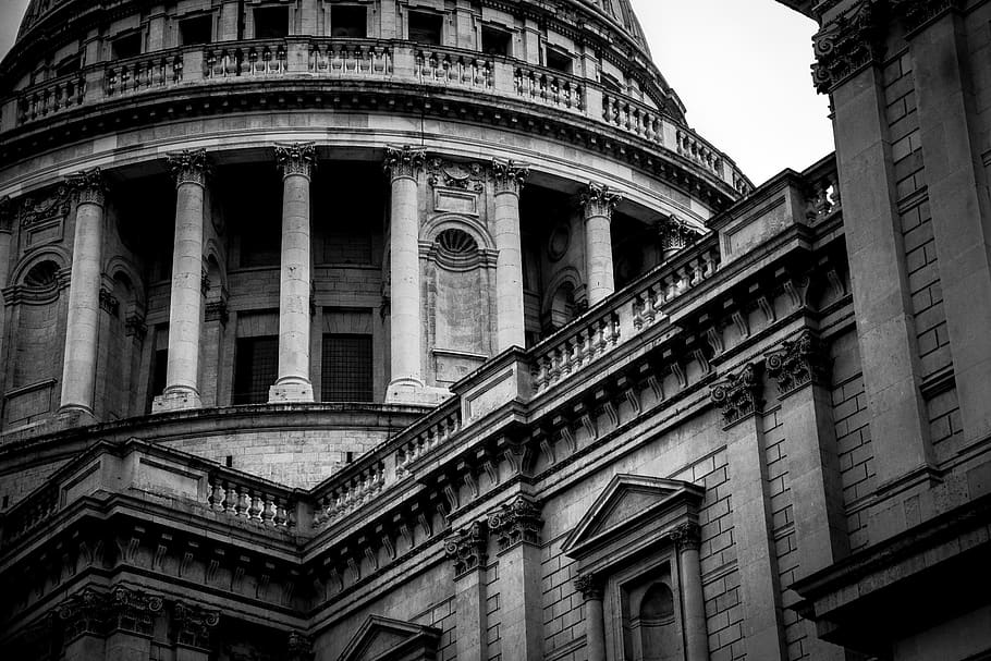 St Pauls, Cathedral, London, city, detail, architecture, black and white