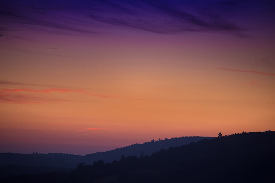 mist mountain range during sunset, nature, outdoors, sky, dusk HD wallpaper