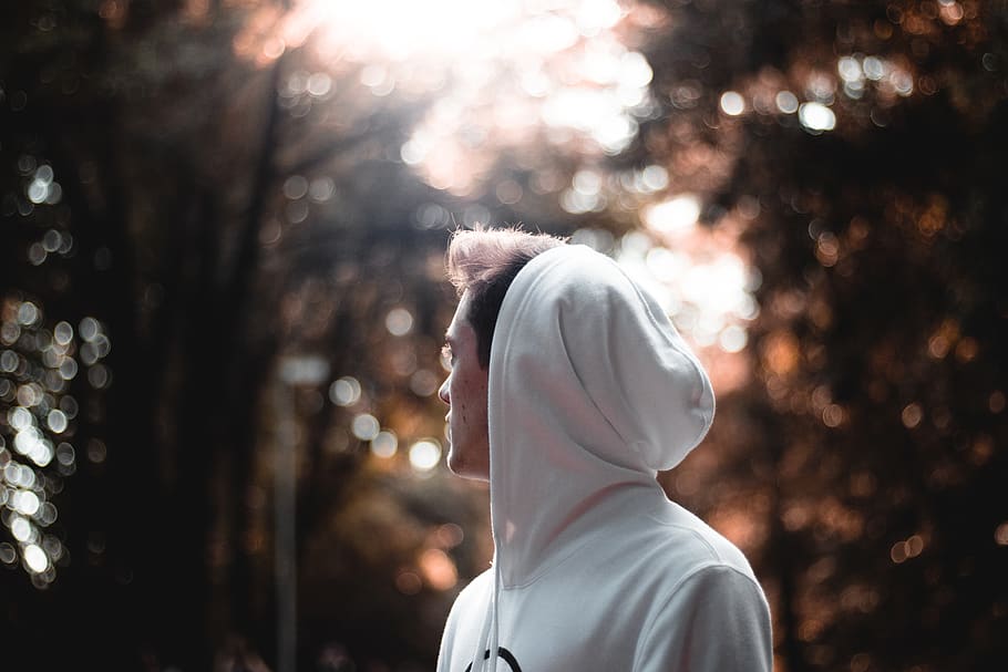 Selective Focus Photo of Man Wearing White Hoodie, blur, daylight HD wallpaper