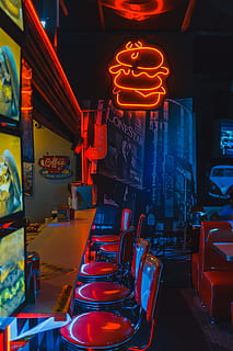 Lighted Red Hamburger Signage, bar, close-up, colors, commerce HD wallpaper