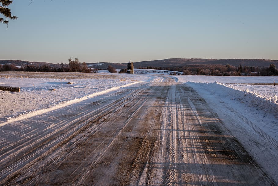 winter, road, stright, snow, sunset, barn, farm, cold, icy HD wallpaper