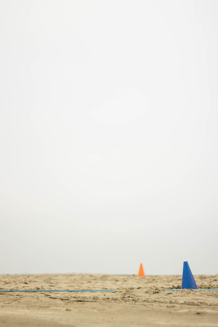 Blue and Orange Cones on Sand, art, beach, color, landscape, sky HD wallpaper