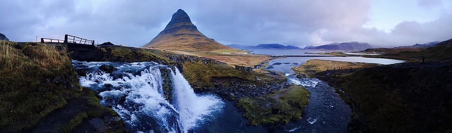 Mountain over Waterfalls Photo, clouds, flow, landscape, mobilechallenge HD wallpaper