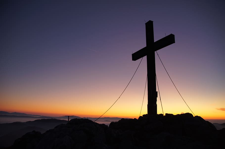 Cross Silhouette during Golden Hour, dawn, landscape, mountain