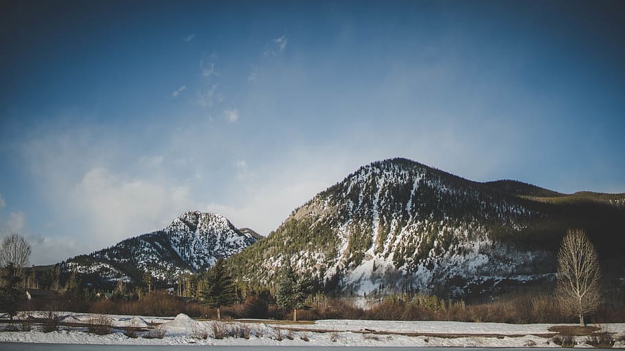 mountains, sky, blue, clouds, trees, snowy, colorado, winter HD wallpaper