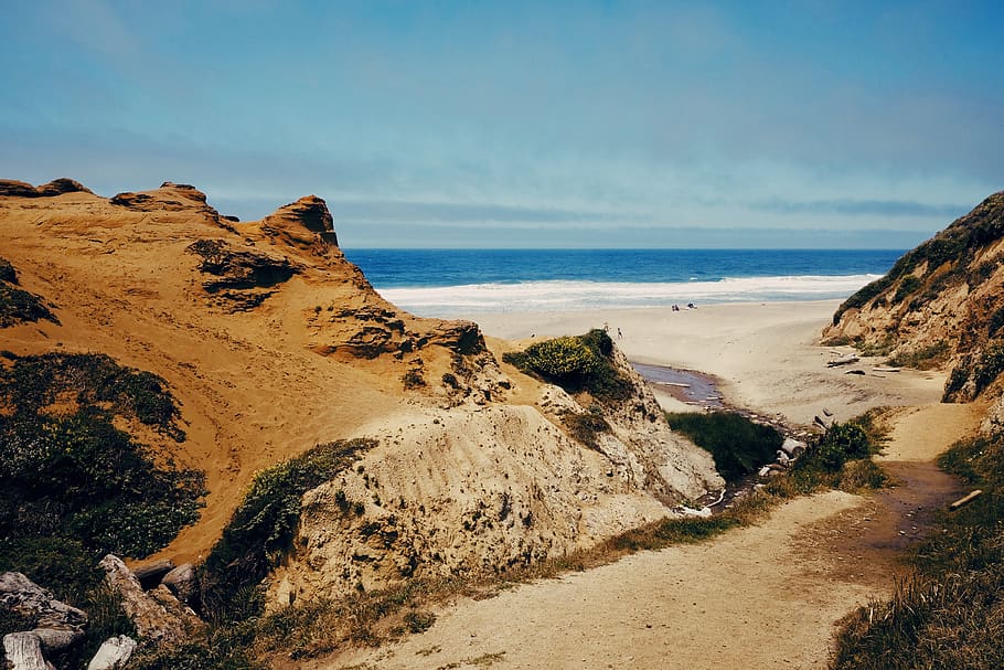 ocean, landscape, mountains, sand, grass, tress, sky, sea, beauty in nature HD wallpaper