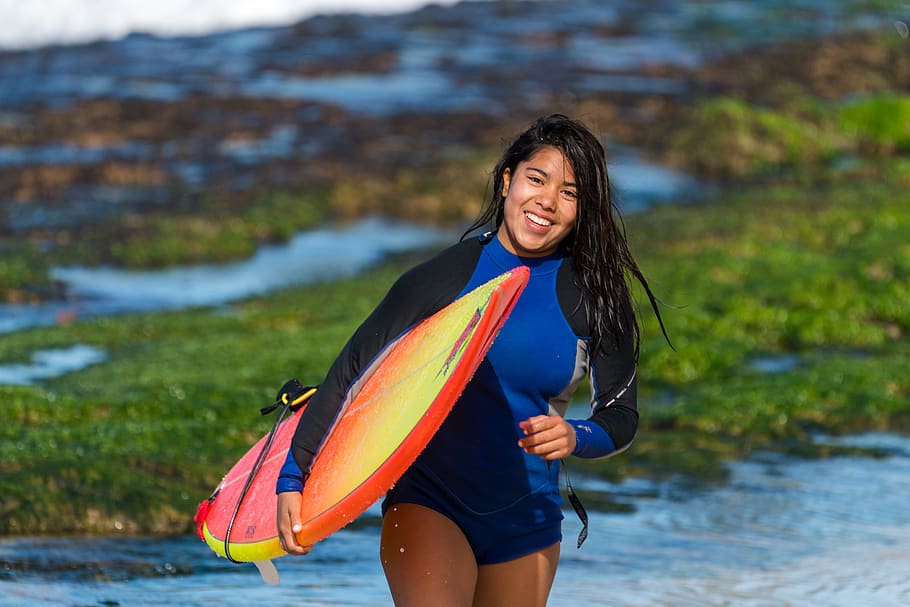 Woman Carrying Surfboard, active, beach, enjoyment, fun, leisure, HD wallpaper