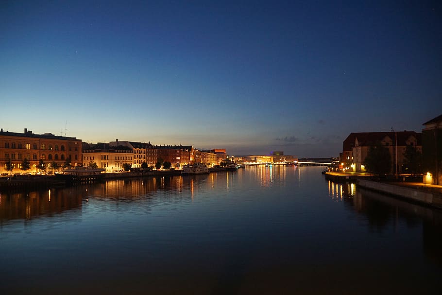 denmark, copenhagen, sunset, canal, water, blue, nightlife, HD wallpaper