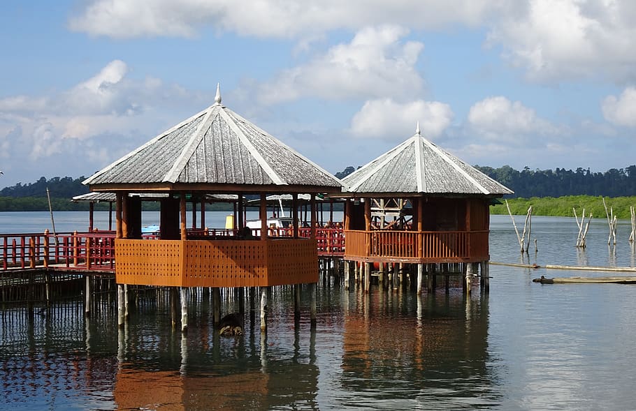 hut, tourist hut, creek, mangroves, tourism, scenic, scenery, HD wallpaper