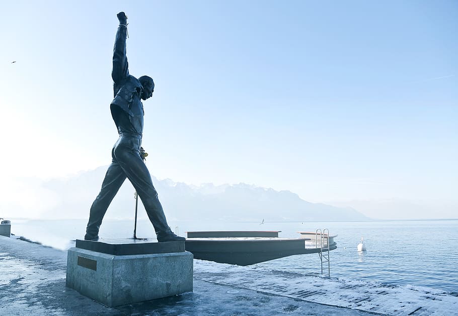 Side view of Freddie Mercury bronze statue Montreux Switzerland