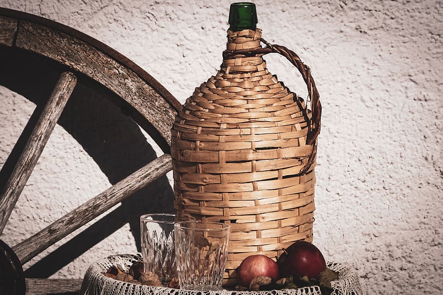 still life, basket bottle, herbstimpression, wine, historically, HD wallpaper