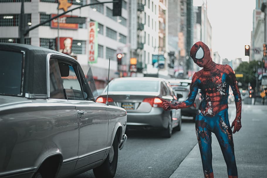 man wearing Spider-Man costume standing on sidewalk with cars on roadway HD wallpaper