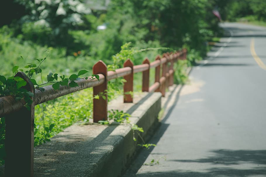 red metal railings on roadside at daytime, street, fence, weed, HD wallpaper