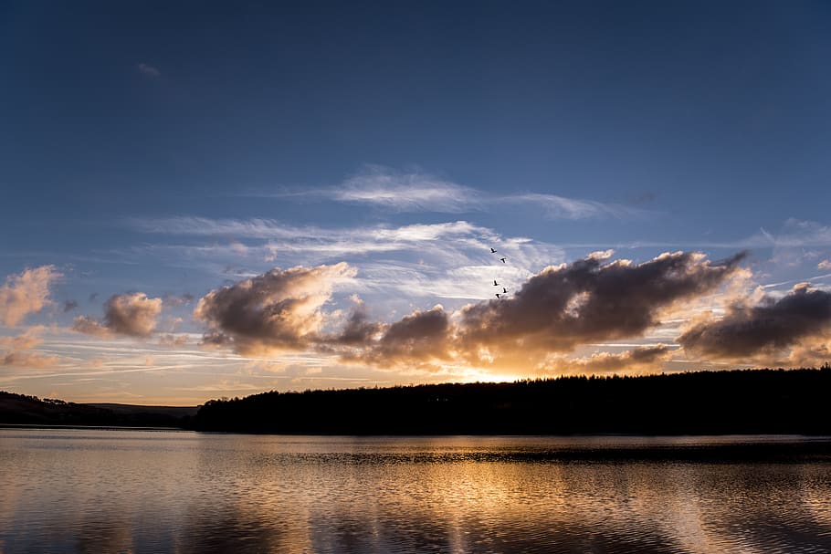 explore, nature, landscape, sky, sun, birds, lake, clouds, sunset HD wallpaper