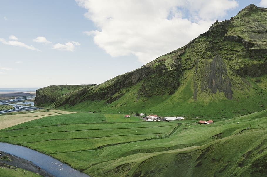 iceland, green, grass, fields, valleys, country, farm, nature HD wallpaper