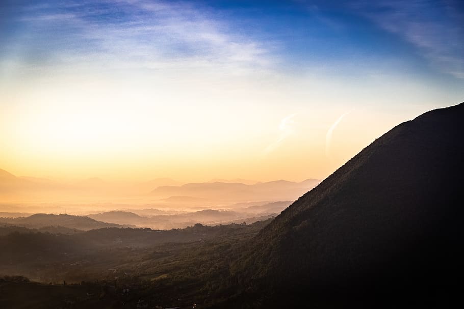 mountain, nature, outdoors, mountain range, sky, light, peak HD wallpaper