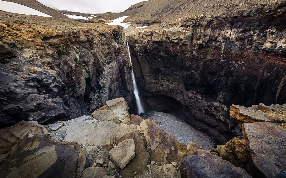 bird's eye view of waterfalls, rock, stream, lake, pool, winter HD wallpaper