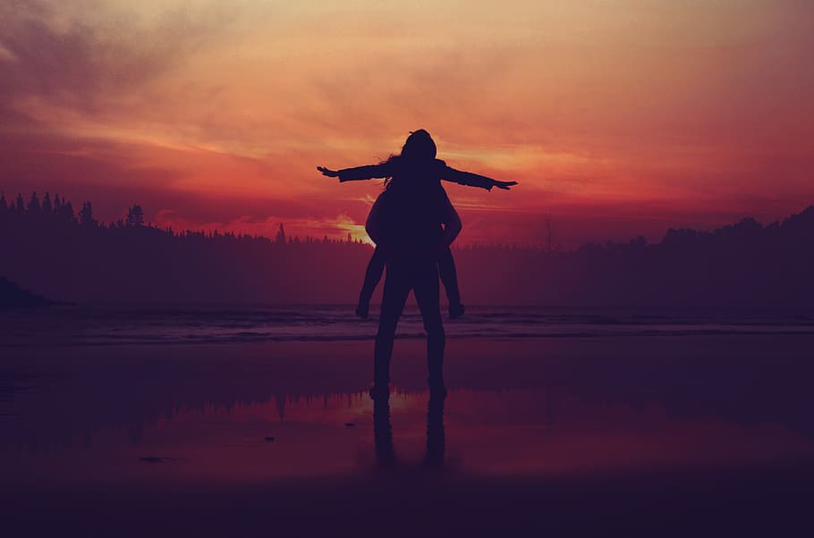 people, back, silhouette, sunset, outdoor, clouds, sky, beach HD wallpaper