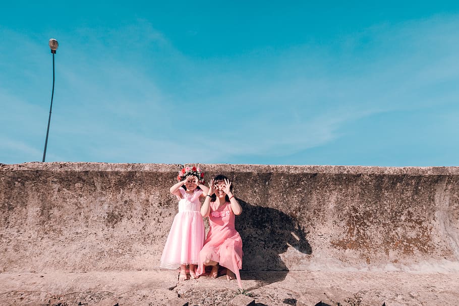 Woman Kneeling Beside Girl Near Wall, adult, child, cute, daughter