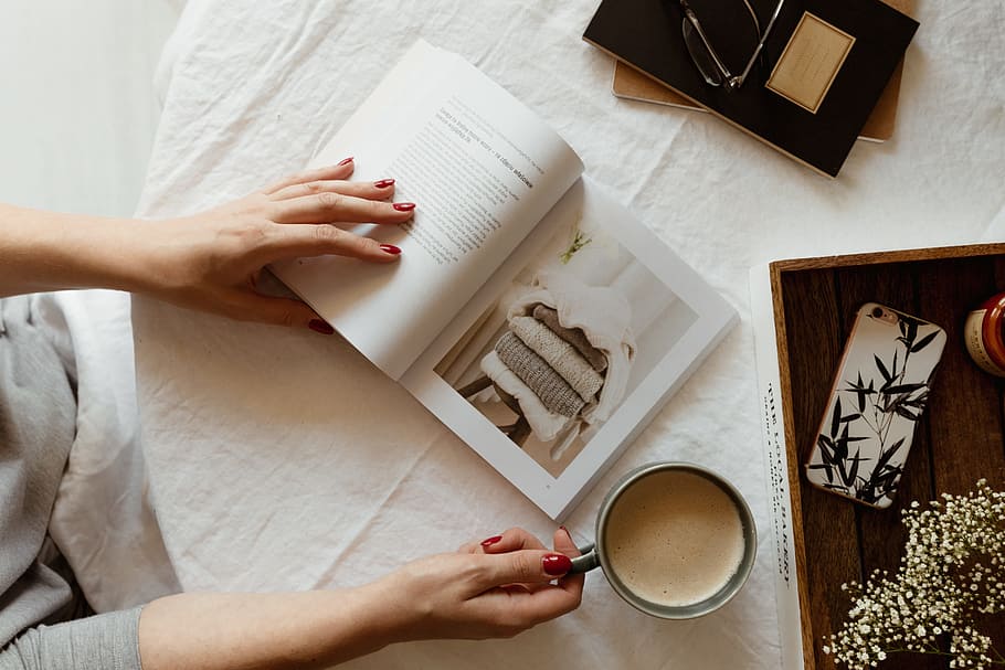 Woman read book and drink coffee, hands, relaxing, reading, time HD wallpaper