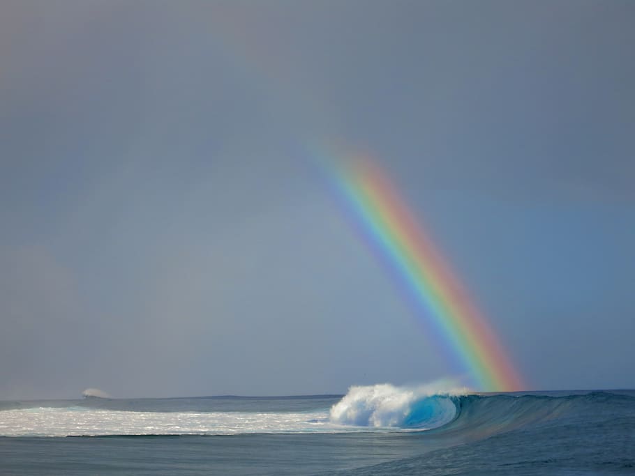 sea wave beside rainbow, outdoors, nature, sky, water, ocean HD wallpaper