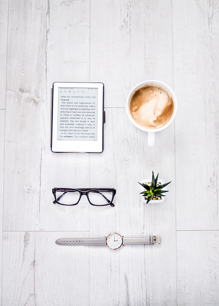 reader, coffee, glasses, plant, watch, technology, ebook, kindle