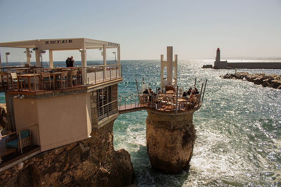 france, nice, bar, drink, ocean, cliff, people, le plongeoir HD wallpaper