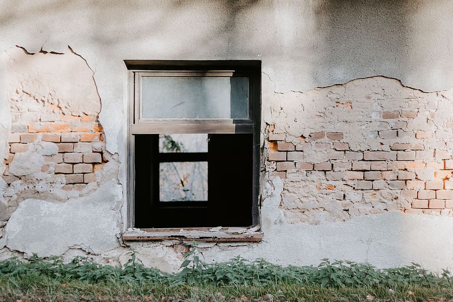 opened brown and clear glass window, brick, wall, building, window frame HD wallpaper