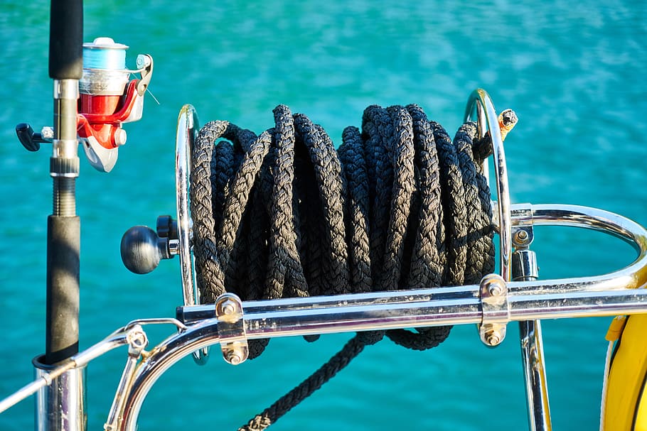 rope, black, wrap, connect, fishing rod, boat, long, solid HD wallpaper