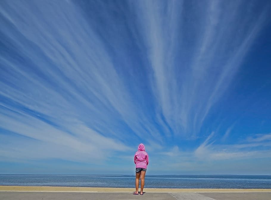 Woman Standing in Front of Seashore, beach, beautiful, clouds HD wallpaper
