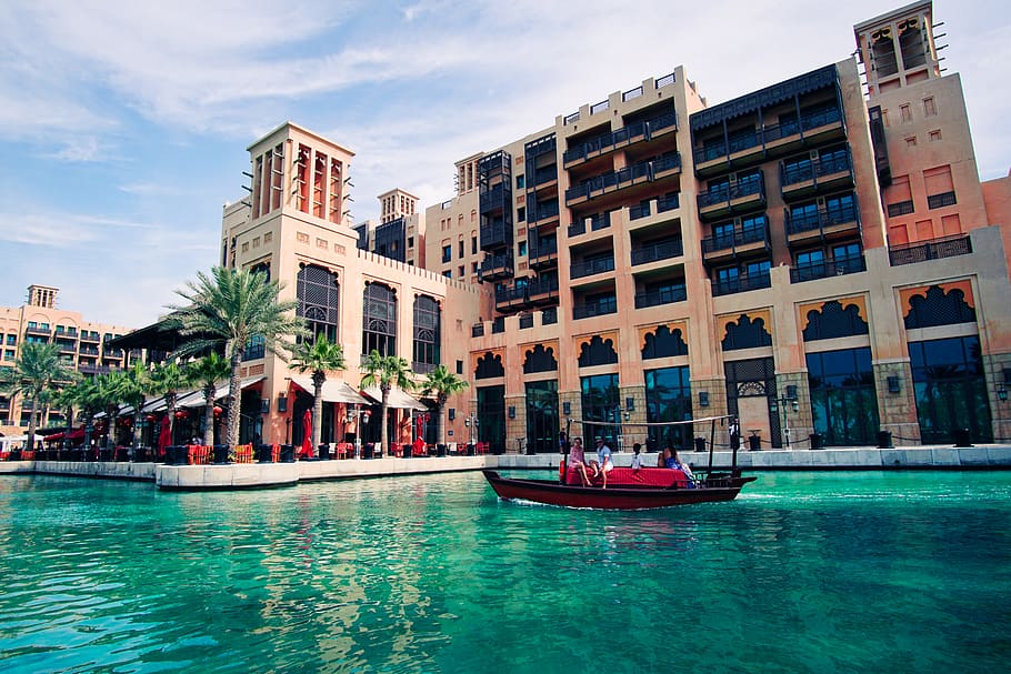 dubai, water, building exterior, architecture, built structure HD wallpaper